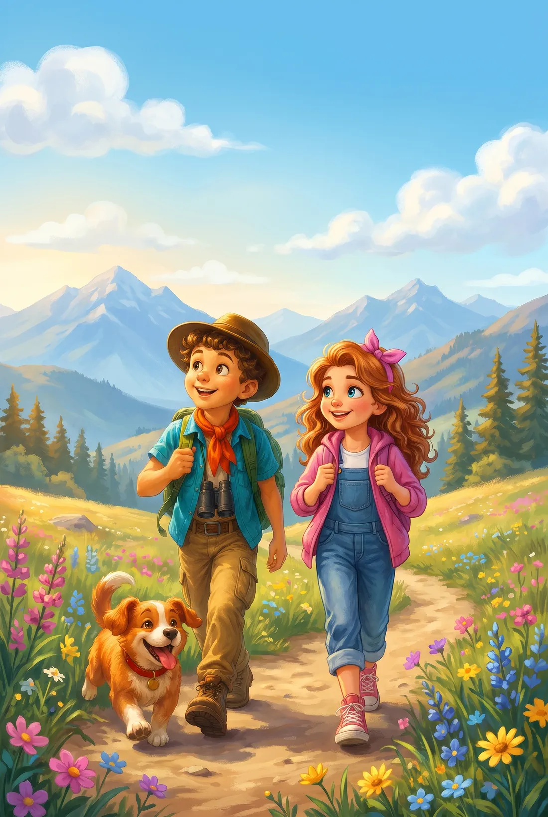 Illustration of Leo and Alicia walking a sunny mountain trail with their puppy