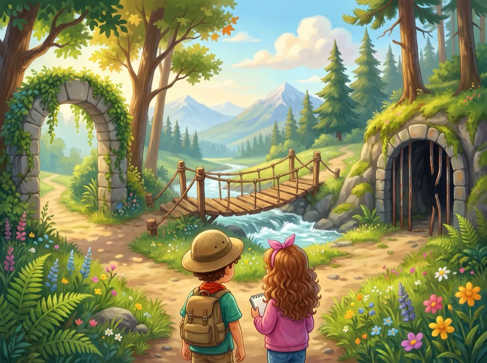 Leo and Alicia on Maple Hill, looking at a stone archway, a wooden bridge and a tunnel